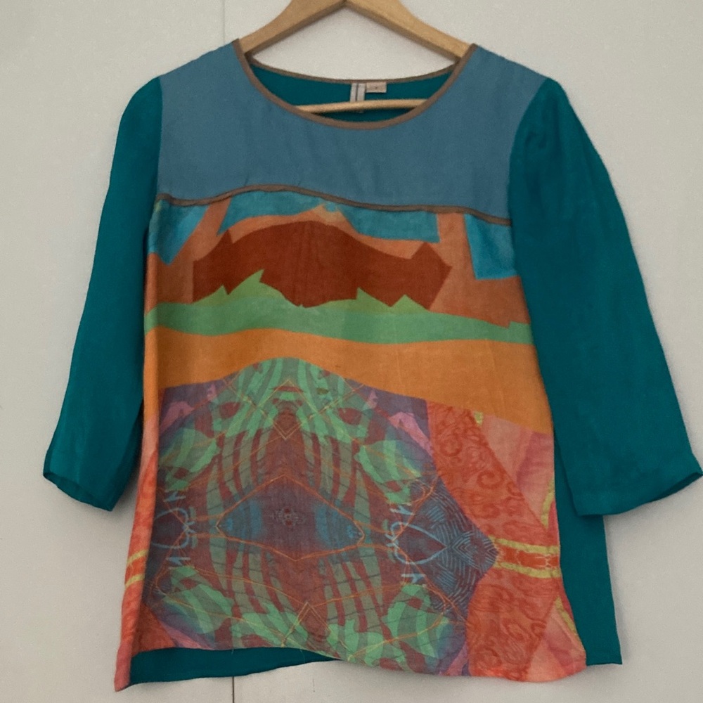 Anthropologie Blank London Printed Multicolor Scoop-Neck Blouse - Teal & Orange